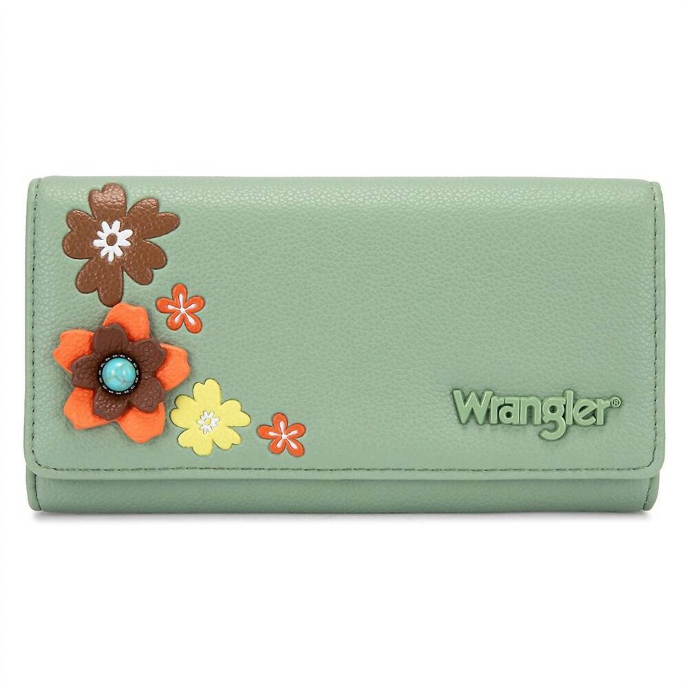 NEW WRANGLER multi floral turquoise rfid long wallet in green